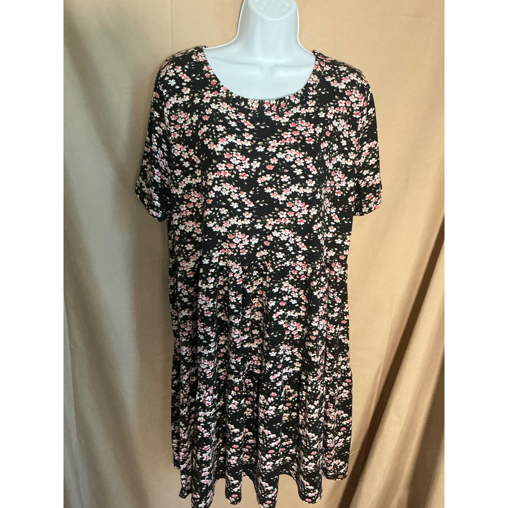 Vibe Sportswear Babydoll Dress Womens 2X Black Floral Tiered Short Sleeve